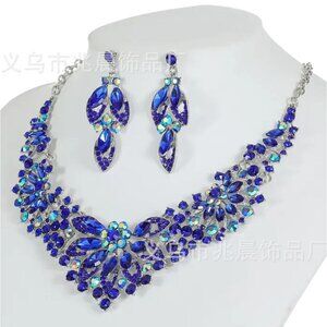 Cobalt Blue Rhinestone Crystal Necklace & Earring Set Iridescent Stones